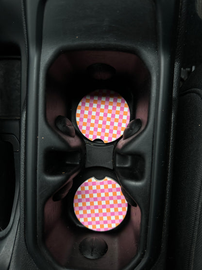 Pink Checkers Ceramic Car Coaster