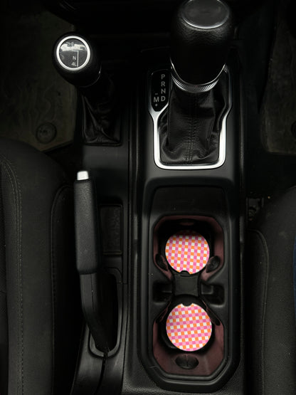Pink Checkers Ceramic Car Coaster