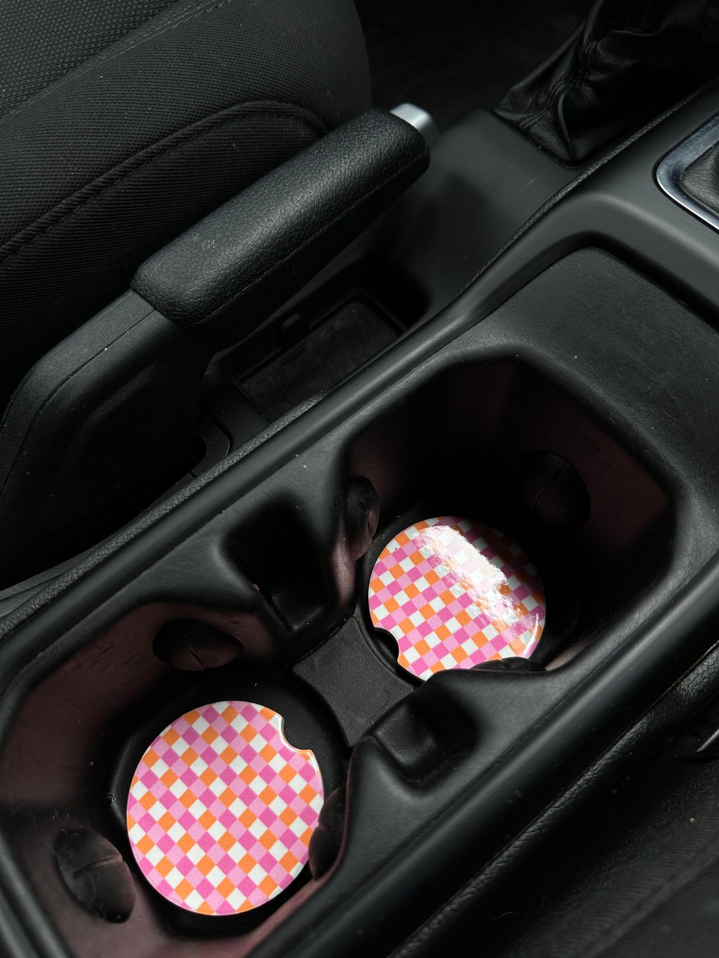 Pink Checkers Ceramic Car Coaster