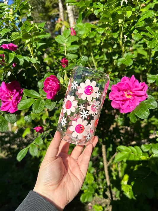 Happy Pink Flowers 16 oz Glass Cup