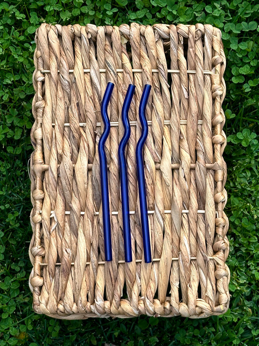 Dark Blue Wavy Reusable Glass Drinking Straw